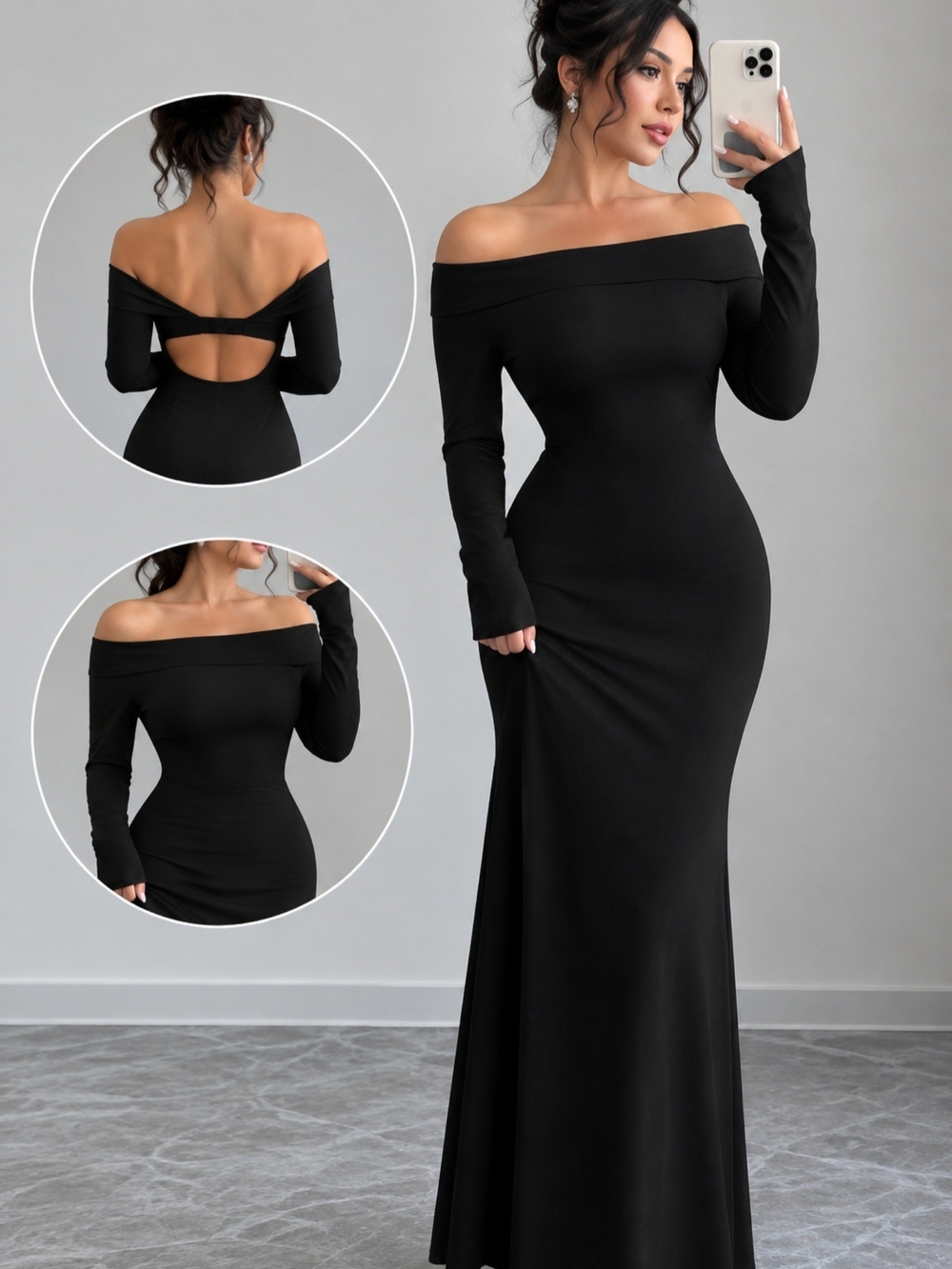 Others Follow Off-Shoulder Black Long Sleeve Evening Gown